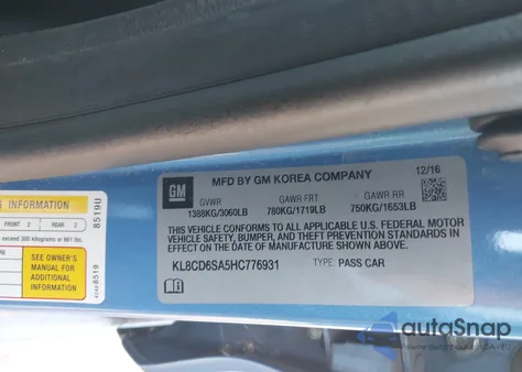 2017 Chevrolet Spark 1Lt Cvt z USA, uszkodzony, nr VIN KL8CD6SA5HC776931